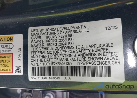 2024 Honda Accord Lx from USA, damaged, VIN 1HGCY1F2XRA031379